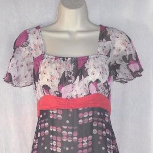 LUX dress sz S Empire Waist Multi Print Sash